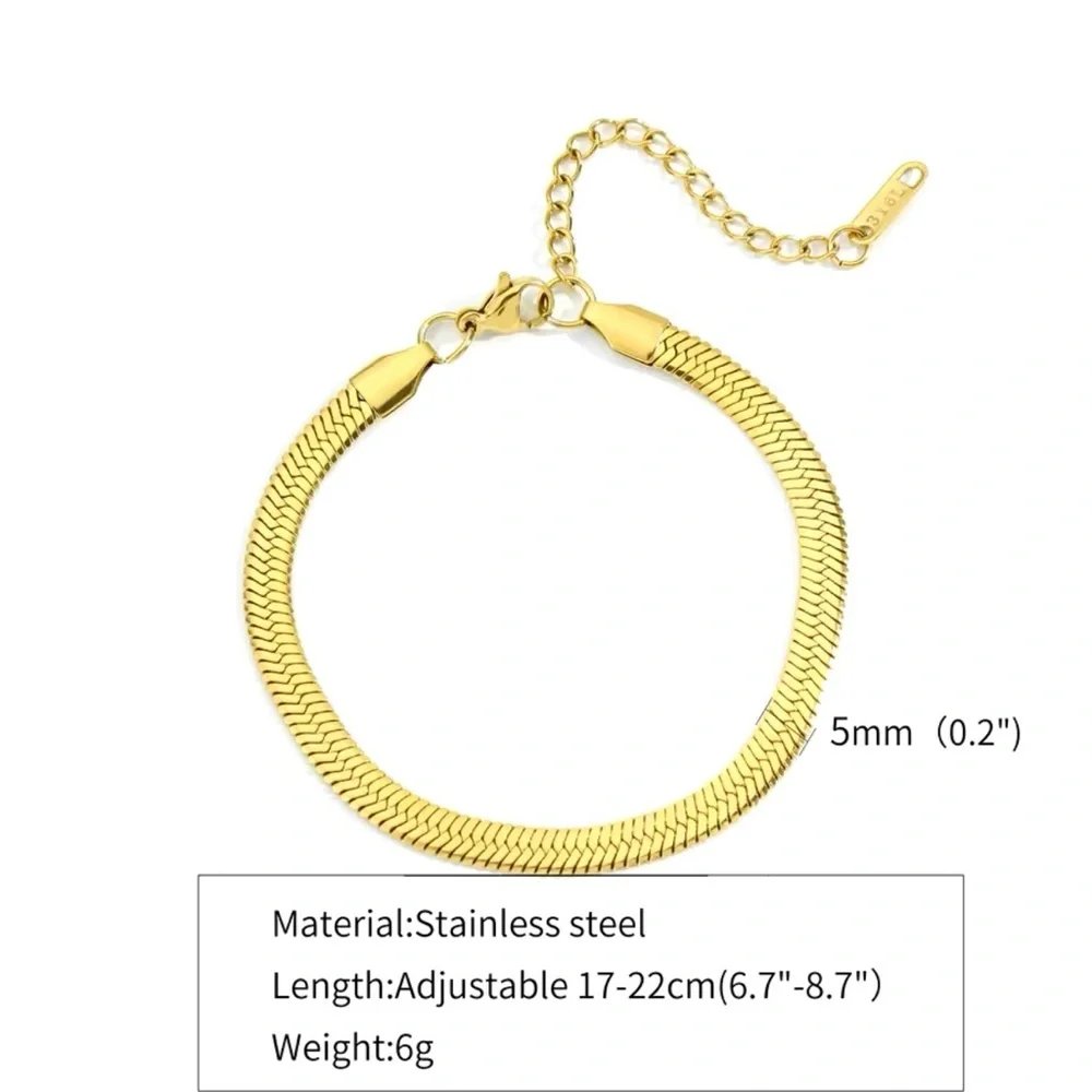 Stainless Steel Smooth Gold Bracelet Snake Chain Men and Women 7”+2”